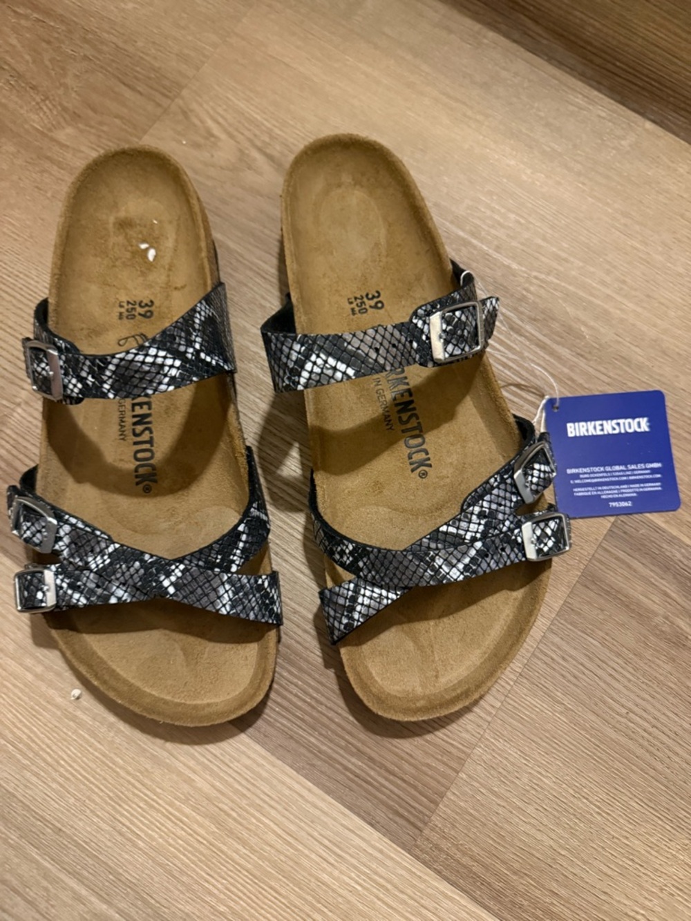 Birkenstock Black & White Snake-Print Three-Strap Sandals